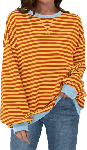 Womens Casual Striped Oversized Sweatshirts Long Sleeve Crewneck Hoodies Shirts Loose Pullover Top
