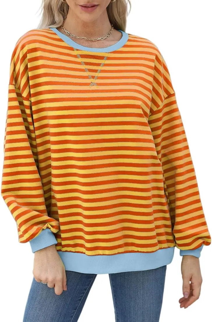 Womens Casual Striped Oversized Sweatshirts Long Sleeve Crewneck Hoodies Shirts Loose Pullover Top