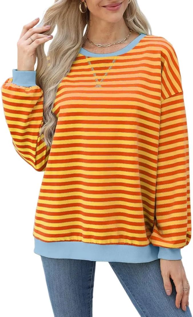 Womens Casual Striped Oversized Sweatshirts Long Sleeve Crewneck Hoodies Shirts Loose Pullover Top