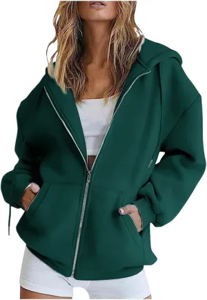 Womens Casual Zip Up Hoodies Soft Comfy Fleece Sweatshirts Loose Long Sleeve Solid Pullover with Pockets 2024 Fall Suit