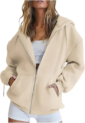 Womens Casual Zip Up Hoodies Soft Comfy Fleece Sweatshirts Loose Long Sleeve Solid Pullover with Pockets 2024 Fall Suit