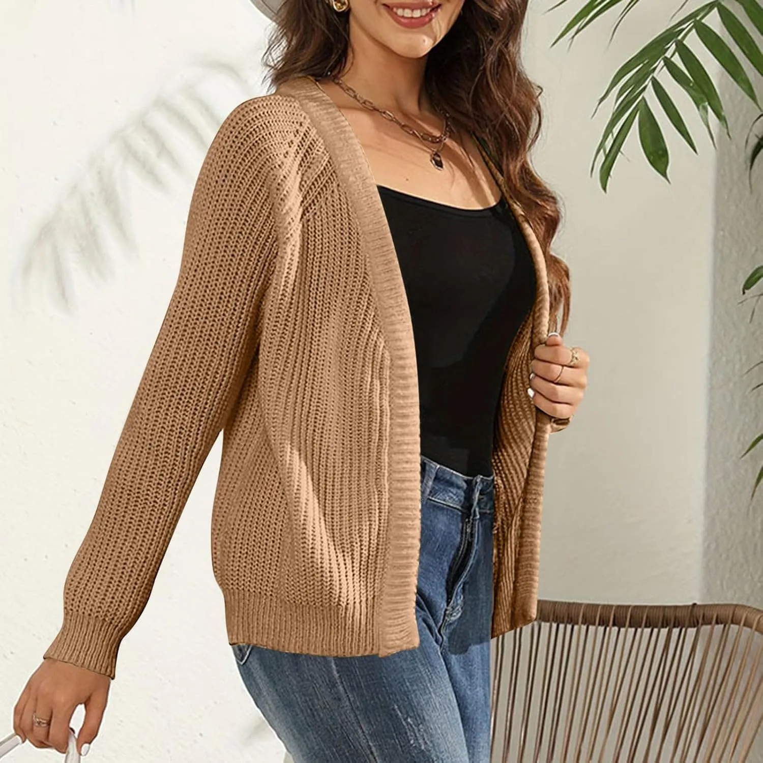 Women's Chunky Knit Open Front Cardigan Long Sleeve Casual Sweater Outwear Fall Winter Solid Jackets for Going Out