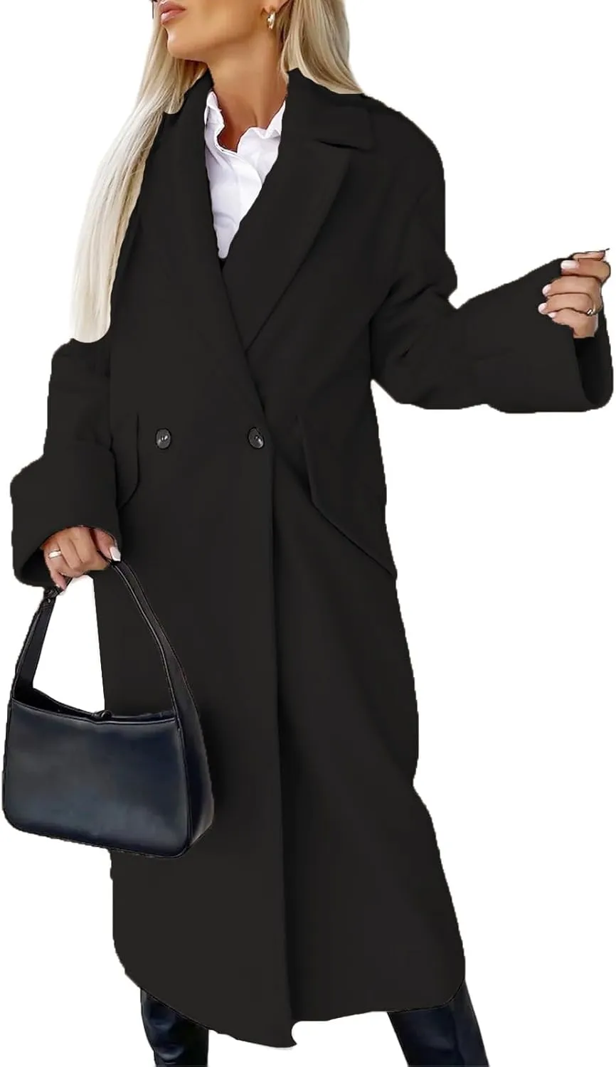Women's Collar Work Double Breasted Maxi Long Pea Coats Oversized Double Breasted Long Trench Overcoat Winter