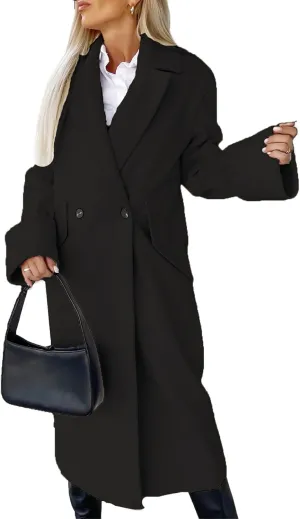 Women's Collar Work Double Breasted Maxi Long Pea Coats Oversized Double Breasted Long Trench Overcoat Winter