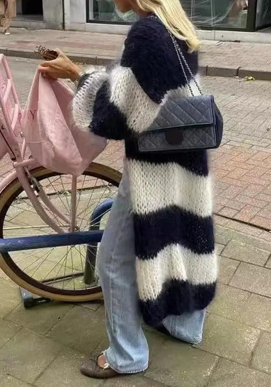 Women's Color Block Striped Long Cardigan Sweaters Open Front Oversized Chunky Knit Slouchy Loose Sweater Coat