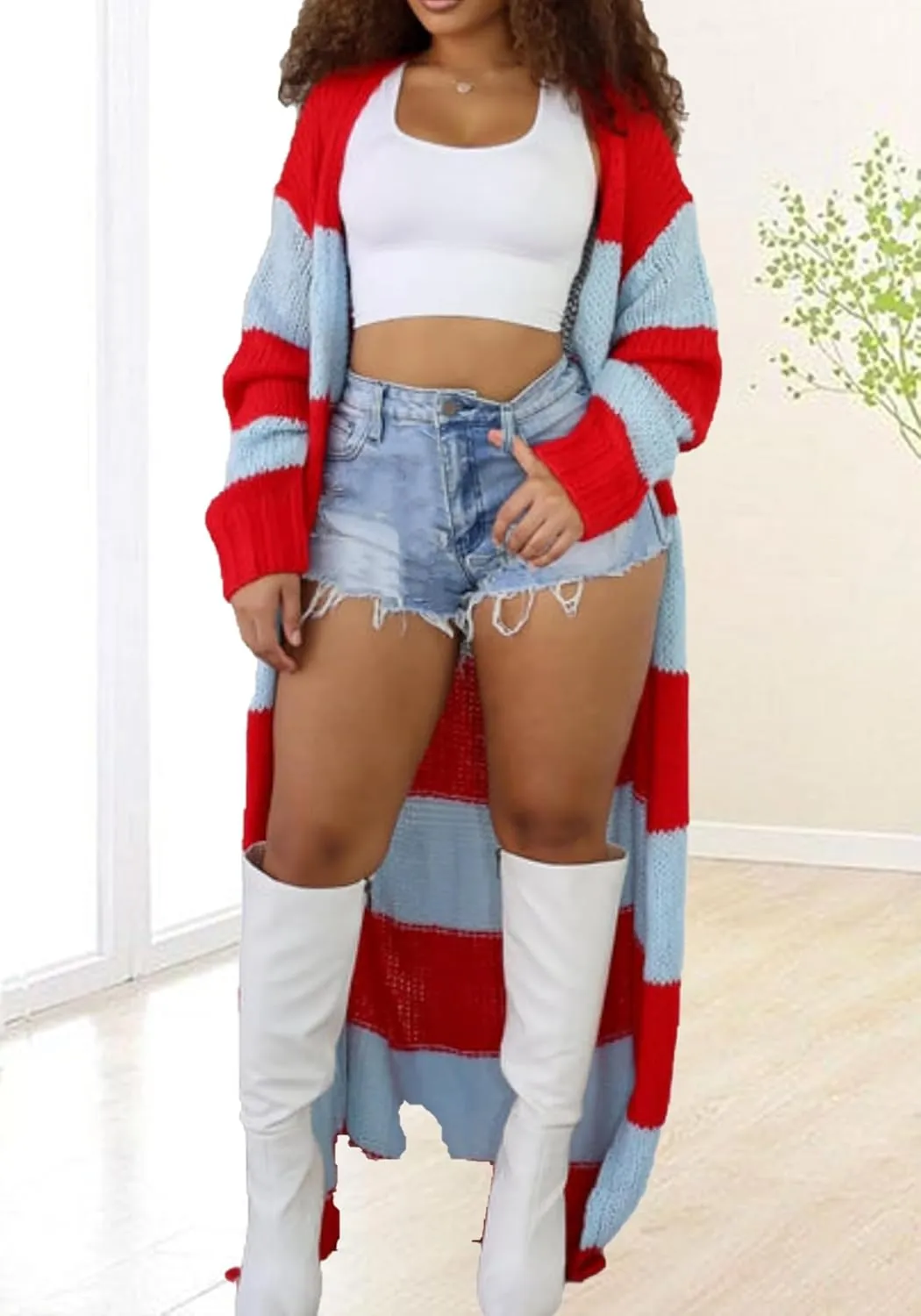 Women's Color Block Striped Long Cardigan Sweaters Open Front Oversized Chunky Knit Slouchy Loose Sweater Coat