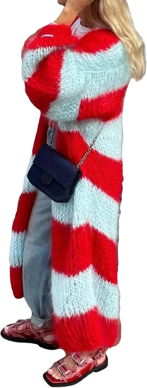 Women's Color Block Striped Long Cardigan Sweaters Open Front Oversized Chunky Knit Slouchy Loose Sweater Coat