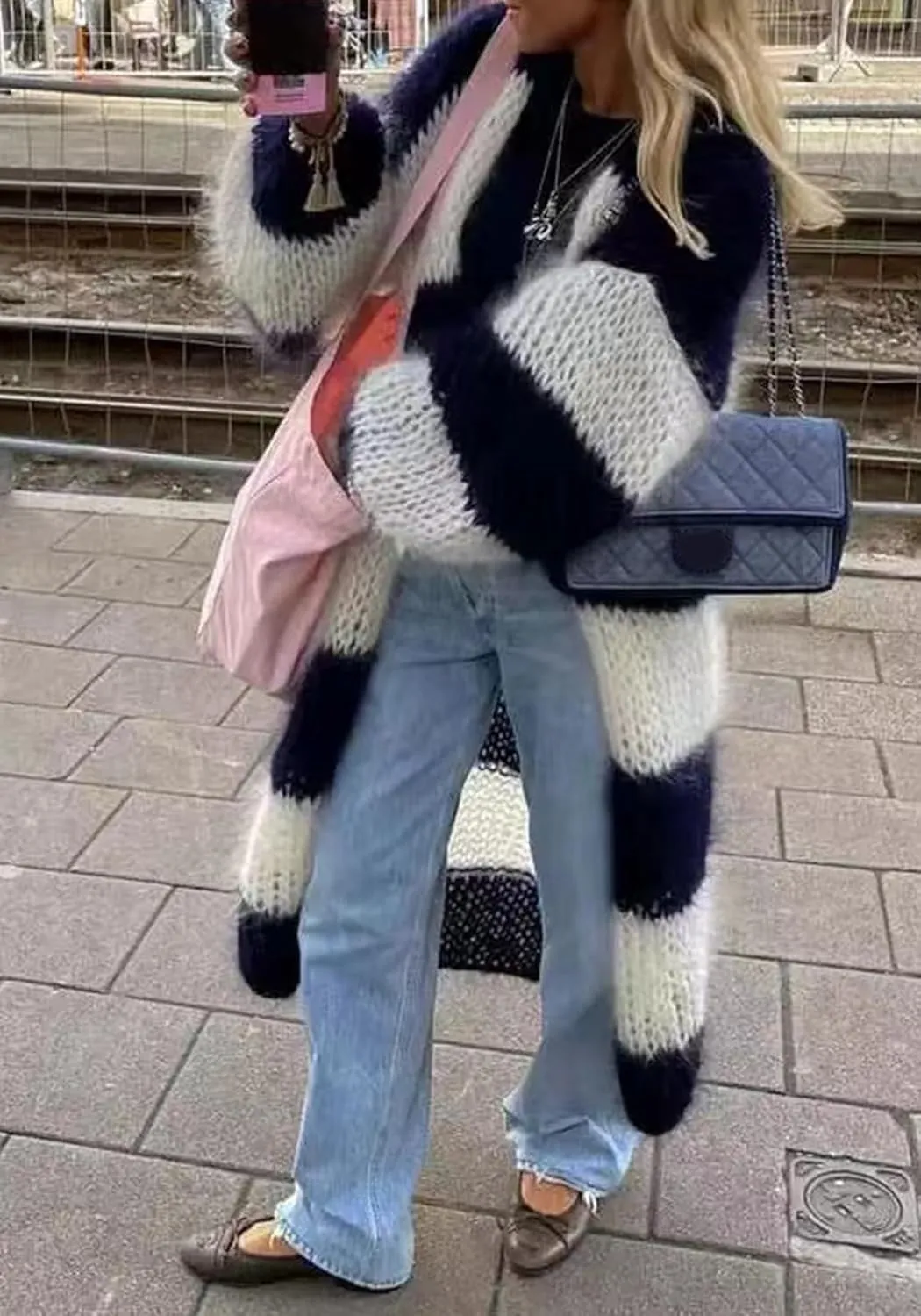 Women's Color Block Striped Long Cardigan Sweaters Open Front Oversized Chunky Knit Slouchy Loose Sweater Coat
