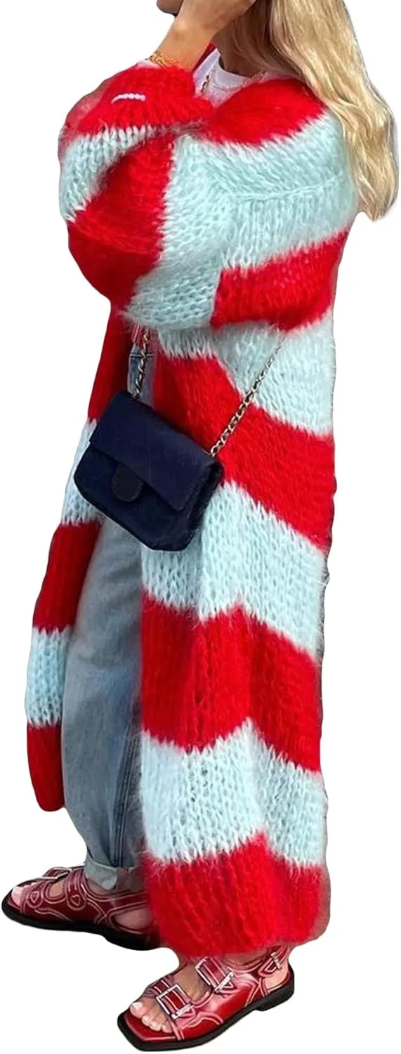 Women's Color Block Striped Long Cardigan Sweaters Open Front Oversized Chunky Knit Slouchy Loose Sweater Coat