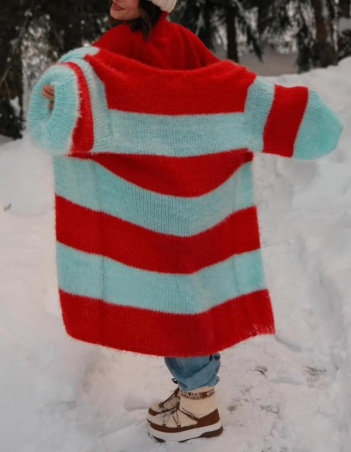 Women's Color Block Striped Long Cardigan Sweaters Open Front Oversized Chunky Knit Slouchy Loose Sweater Coat