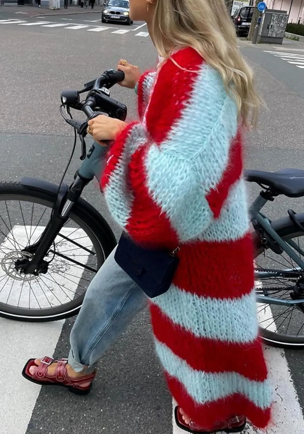 Women's Color Block Striped Long Cardigan Sweaters Open Front Oversized Chunky Knit Slouchy Loose Sweater Coat