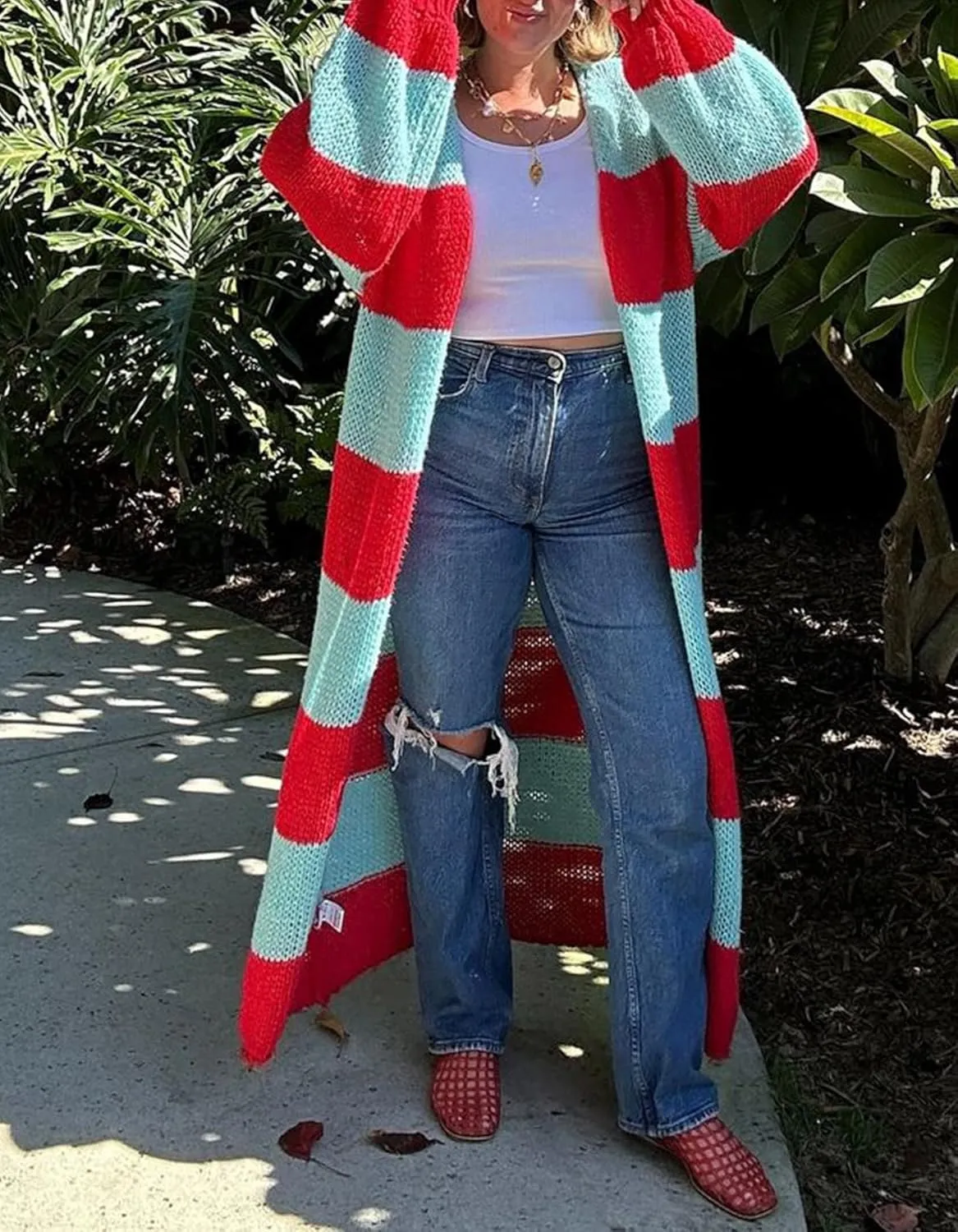 Women's Color Block Striped Long Cardigan Sweaters Open Front Oversized Chunky Knit Slouchy Loose Sweater Coat