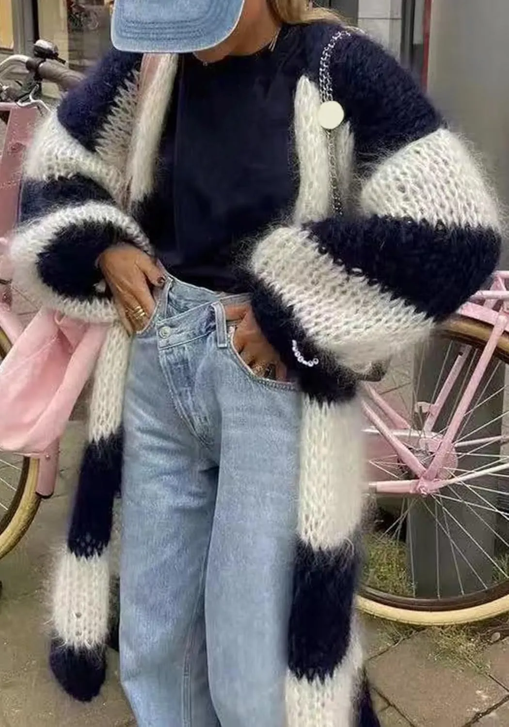 Women's Color Block Striped Long Cardigan Sweaters Open Front Oversized Chunky Knit Slouchy Loose Sweater Coat