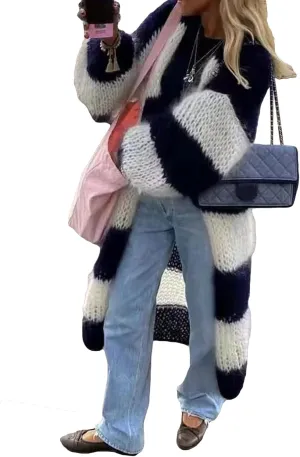 Women's Color Block Striped Long Cardigan Sweaters Open Front Oversized Chunky Knit Slouchy Loose Sweater Coat