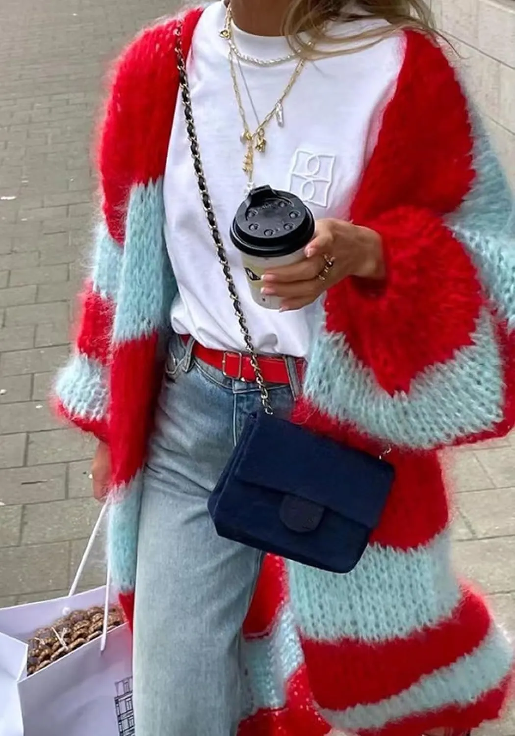 Women's Color Block Striped Long Cardigan Sweaters Open Front Oversized Chunky Knit Slouchy Loose Sweater Coat