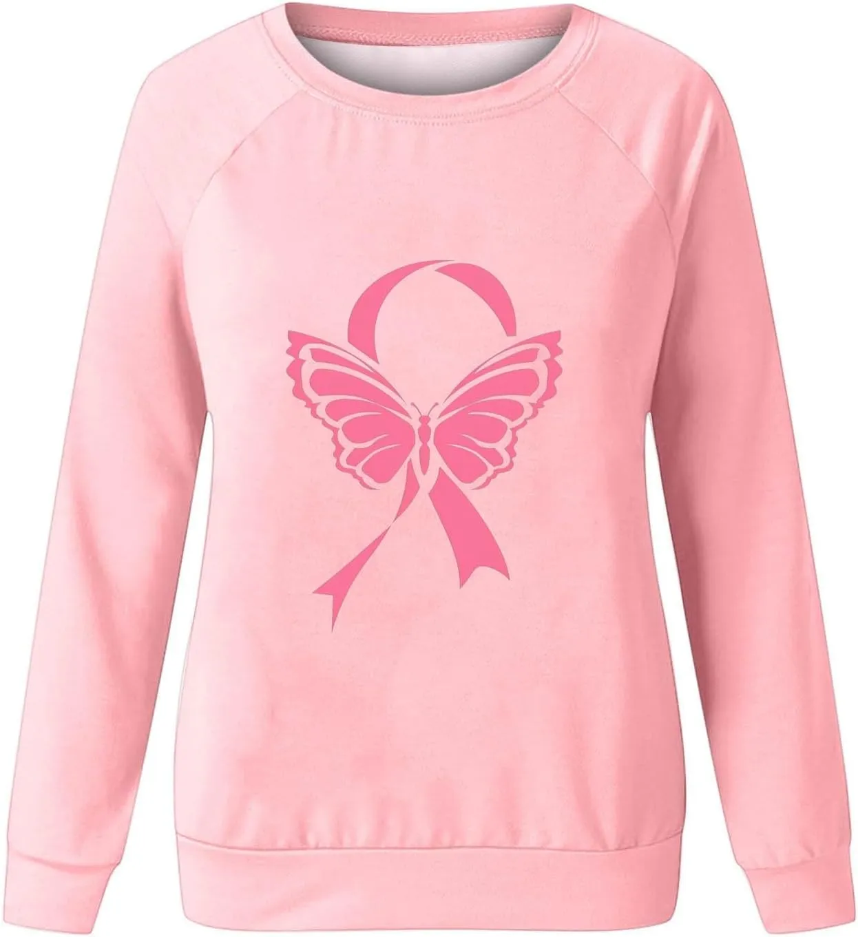 Womens Crewneck Oversized Sweatshirts Pink Ribbon Butterfly Print Shirts for Women Fall Tunic Tops Soft Cute Clothes