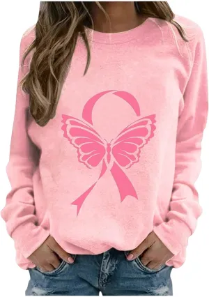 Womens Crewneck Oversized Sweatshirts Pink Ribbon Butterfly Print Shirts for Women Fall Tunic Tops Soft Cute Clothes