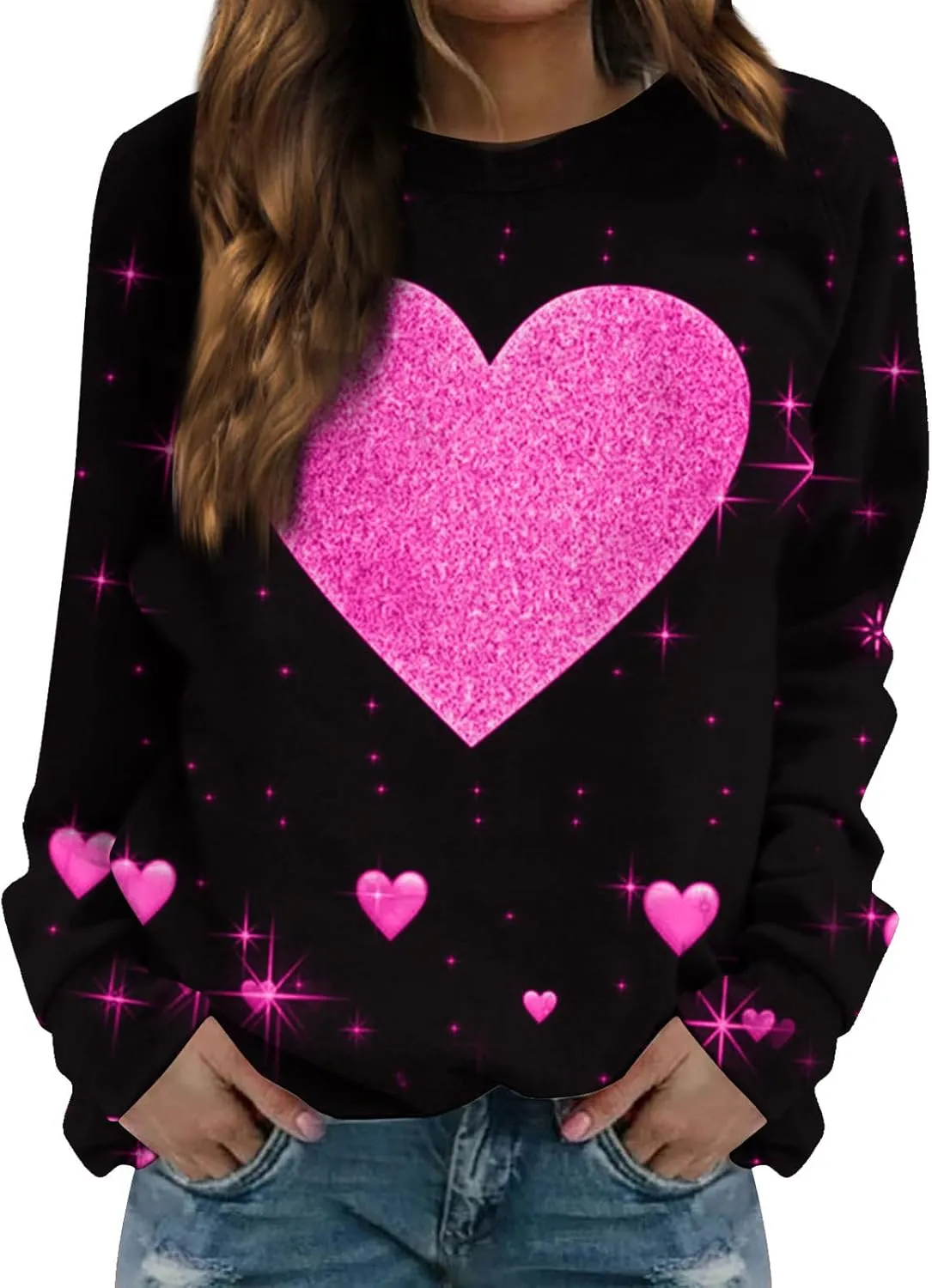 Women's Crewneck Sweatshirt Long Sleeve Casual Loose Trendy Vintage Cute Flower Heart Graphic Pullover Tops