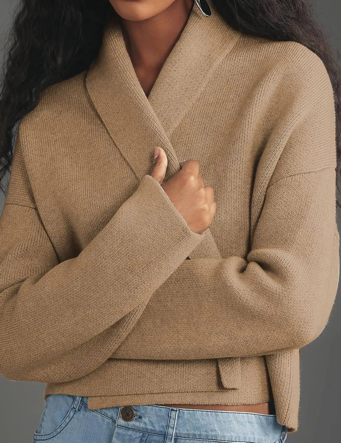 Womens Cropped Cardigan Sweaters Chunky Knit Shawl Collar Sweater Jacket Trendy Fall Winter Cardigans