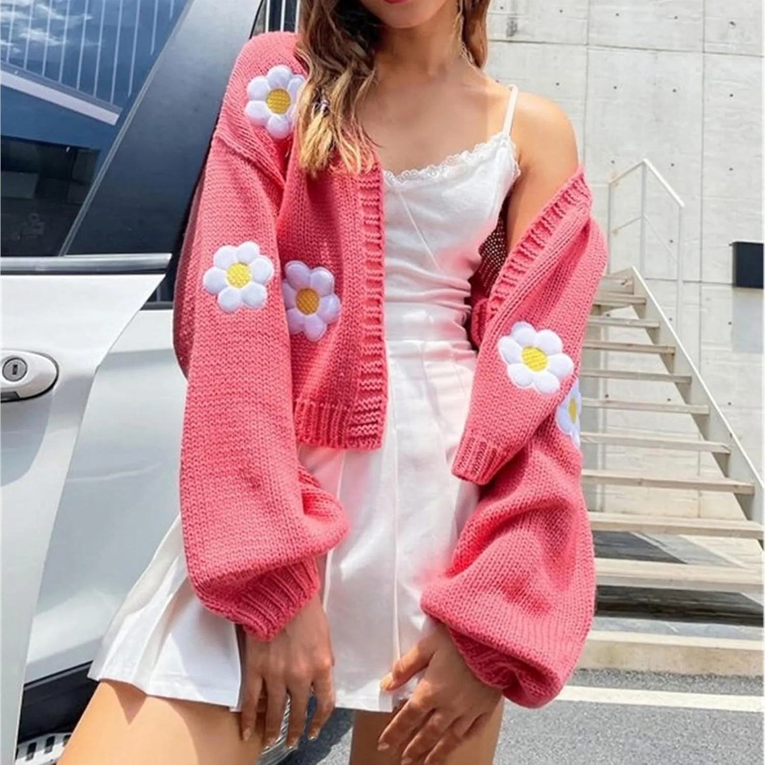 Women's Cropped Cardigan Sweaters Lightweight Cable Knit Cute Flower Sweater Trendy Open Front Cardigans Y2k Clothes