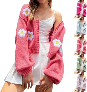 Women's Cropped Cardigan Sweaters Lightweight Cable Knit Cute Flower Sweater Trendy Open Front Cardigans Y2k Clothes