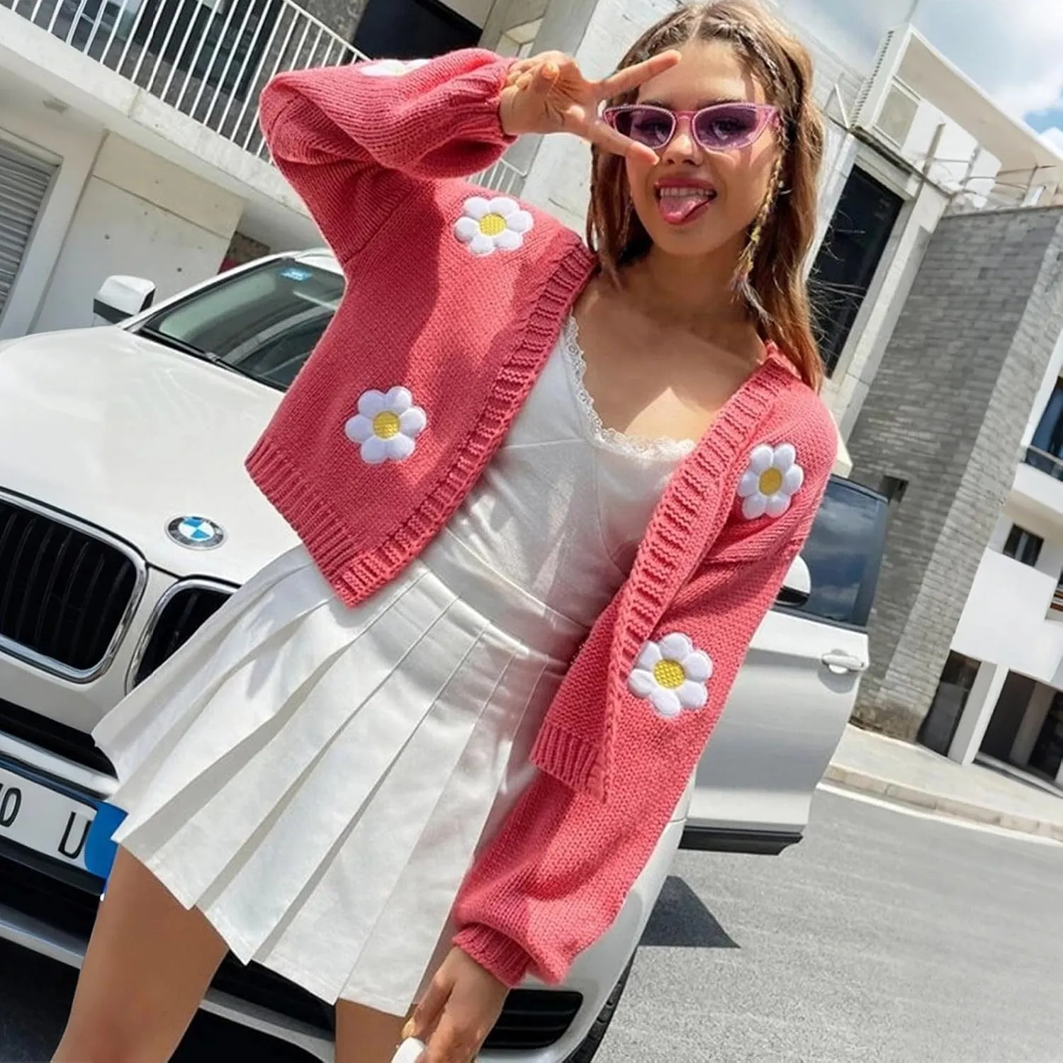 Women's Cropped Cardigan Sweaters Lightweight Cable Knit Cute Flower Sweater Trendy Open Front Cardigans Y2k Clothes