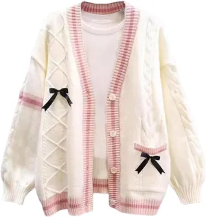 Women's Cute Cable Knit Cardigans,Long Sleeve Button Up Sweater Kawaii Cardigan Coat Outwear with Pinned Bowkno