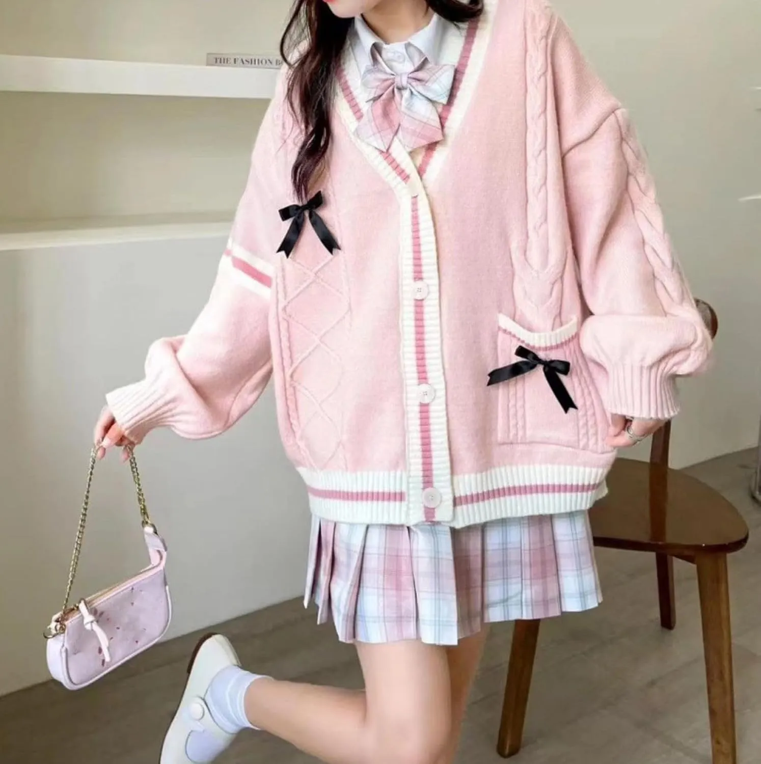 Women's Cute Cable Knit Cardigans,Long Sleeve Button Up Sweater Kawaii Cardigan Coat Outwear with Pinned Bowkno
