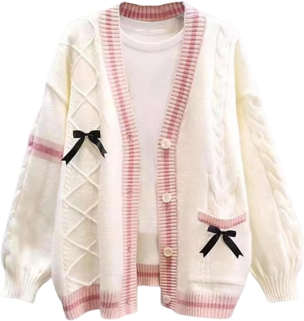 Women's Cute Cable Knit Cardigans,Long Sleeve Button Up Sweater Kawaii Cardigan Coat Outwear with Pinned Bowkno