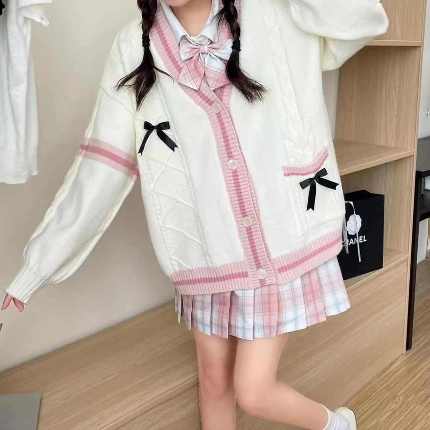 Women's Cute Cable Knit Cardigans,Long Sleeve Button Up Sweater Kawaii Cardigan Coat Outwear with Pinned Bowkno