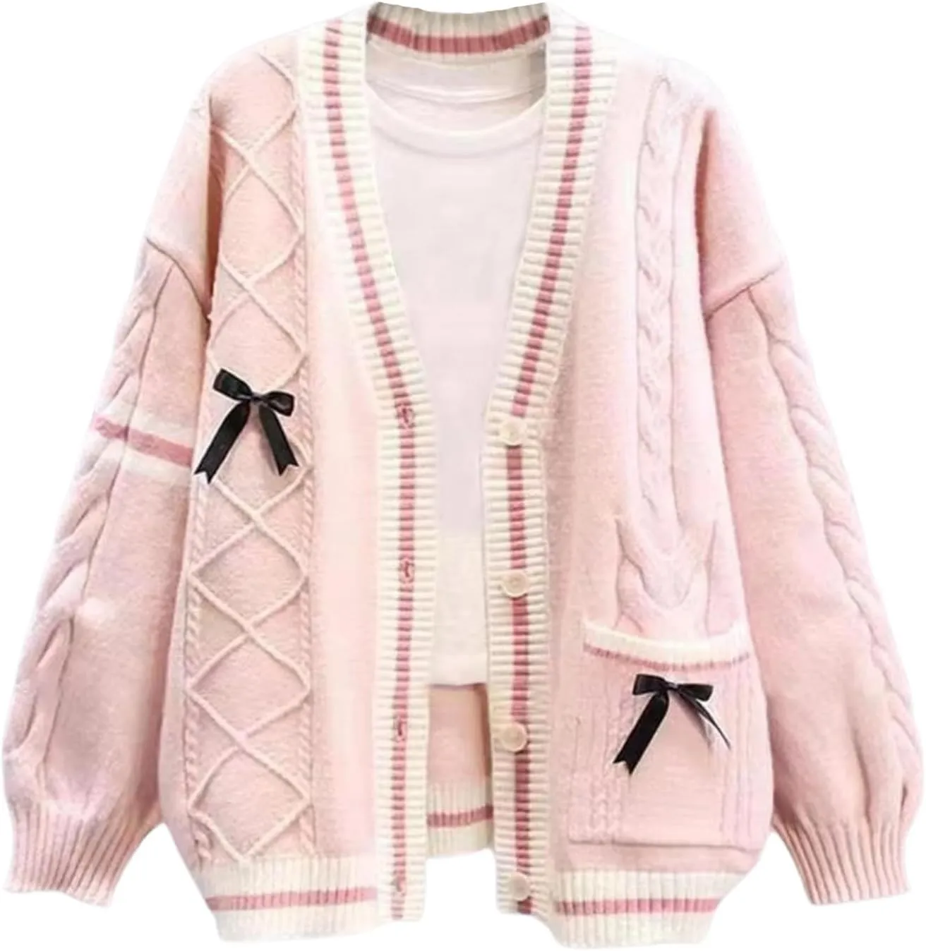 Women's Cute Cable Knit Cardigans,Long Sleeve Button Up Sweater Kawaii Cardigan Coat Outwear with Pinned Bowkno