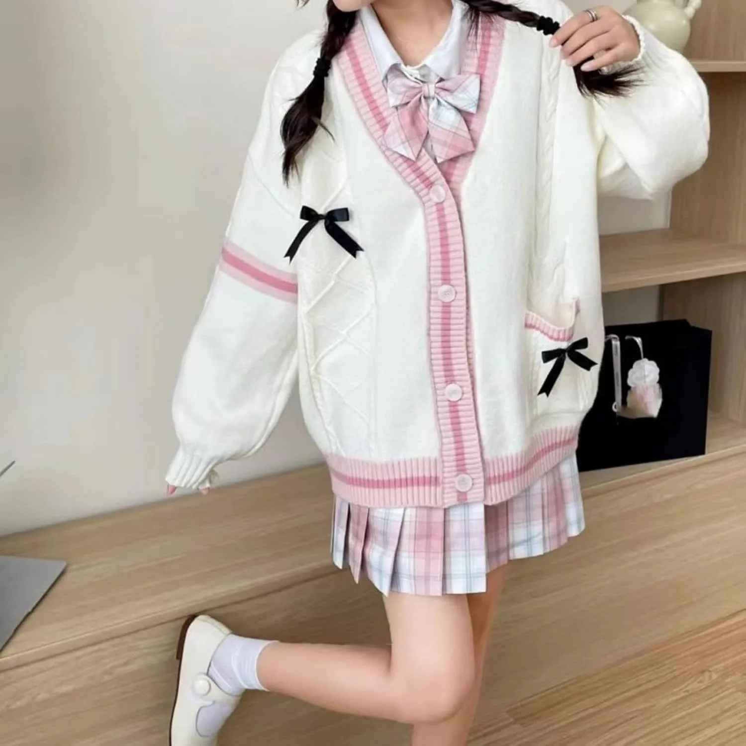 Women's Cute Cable Knit Cardigans,Long Sleeve Button Up Sweater Kawaii Cardigan Coat Outwear with Pinned Bowkno