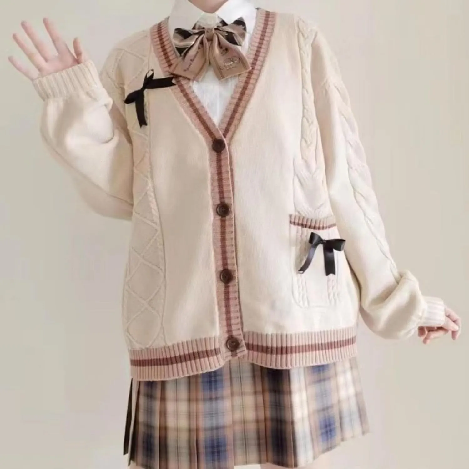 Women's Cute Cable Knit Cardigans,Long Sleeve Button Up Sweater Kawaii Cardigan Coat Outwear with Pinned Bowkno