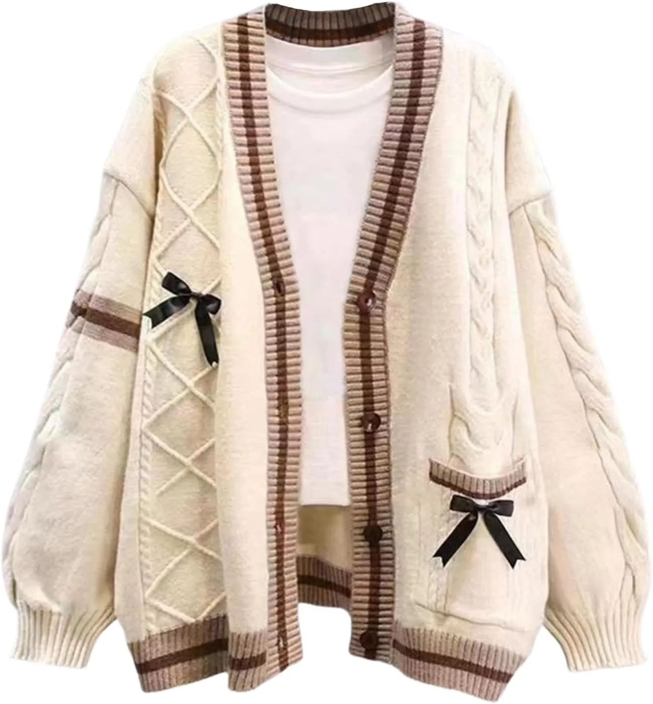 Women's Cute Cable Knit Cardigans,Long Sleeve Button Up Sweater Kawaii Cardigan Coat Outwear with Pinned Bowkno