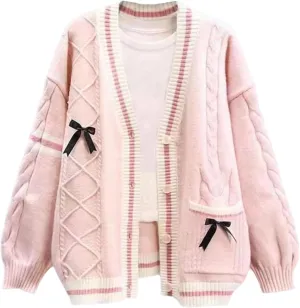 Women's Cute Cable Knit Cardigans,Long Sleeve Button Up Sweater Kawaii Cardigan Coat Outwear with Pinned Bowkno