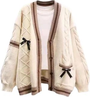 Women's Cute Cable Knit Cardigans,Long Sleeve Button Up Sweater Kawaii Cardigan Coat Outwear with Pinned Bowkno