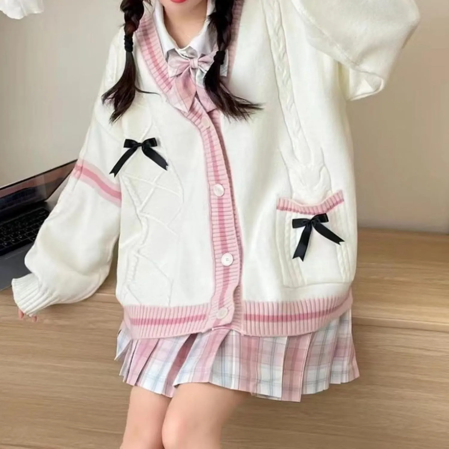Women's Cute Cable Knit Cardigans,Long Sleeve Button Up Sweater Kawaii Cardigan Coat Outwear with Pinned Bowkno