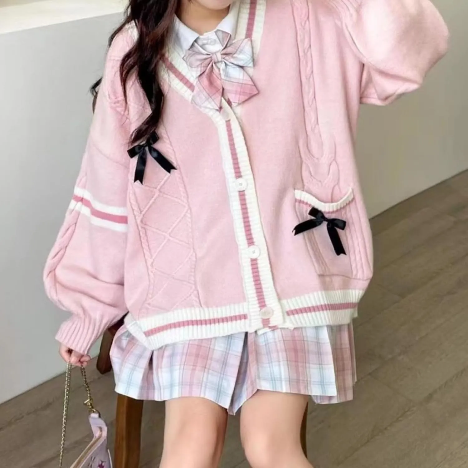 Women's Cute Cable Knit Cardigans,Long Sleeve Button Up Sweater Kawaii Cardigan Coat Outwear with Pinned Bowkno