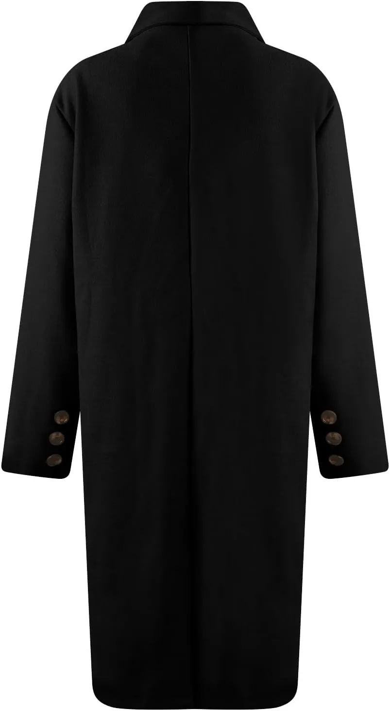 Women's Double Breasted Long Trench Coat Windproof Classic Notch Lapel Peacoat Slim Winter Fall Wool Blend Overcoat