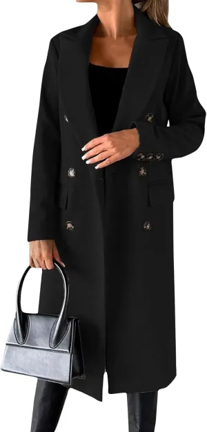 Women's Double Breasted Long Trench Coat Windproof Classic Notch Lapel Peacoat Slim Winter Fall Wool Blend Overcoat