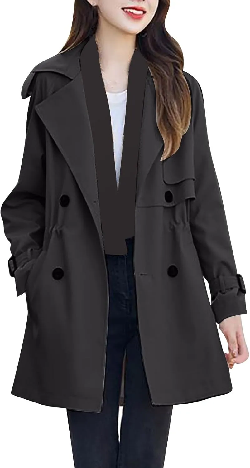 Women's Double-Breasted Trench Coat Classic Lapel Overcoat Windbreaker Outerwear Waterproof Coats Lightweight Jacket
