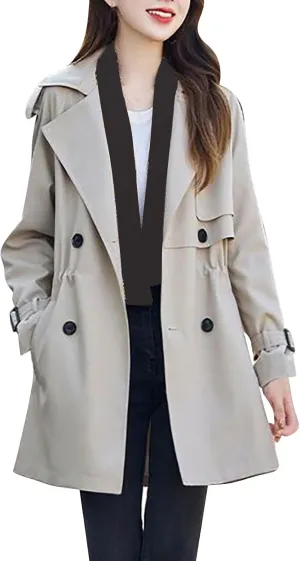 Women's Double-Breasted Trench Coat Classic Lapel Overcoat Windbreaker Outerwear Waterproof Coats Lightweight Jacket