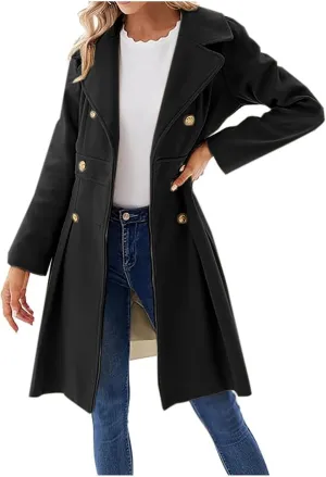 Women's Double Breasted Trench Coat Wool Blend Notch Lapel Pea Coat Elegant Long Jacket Overcoat