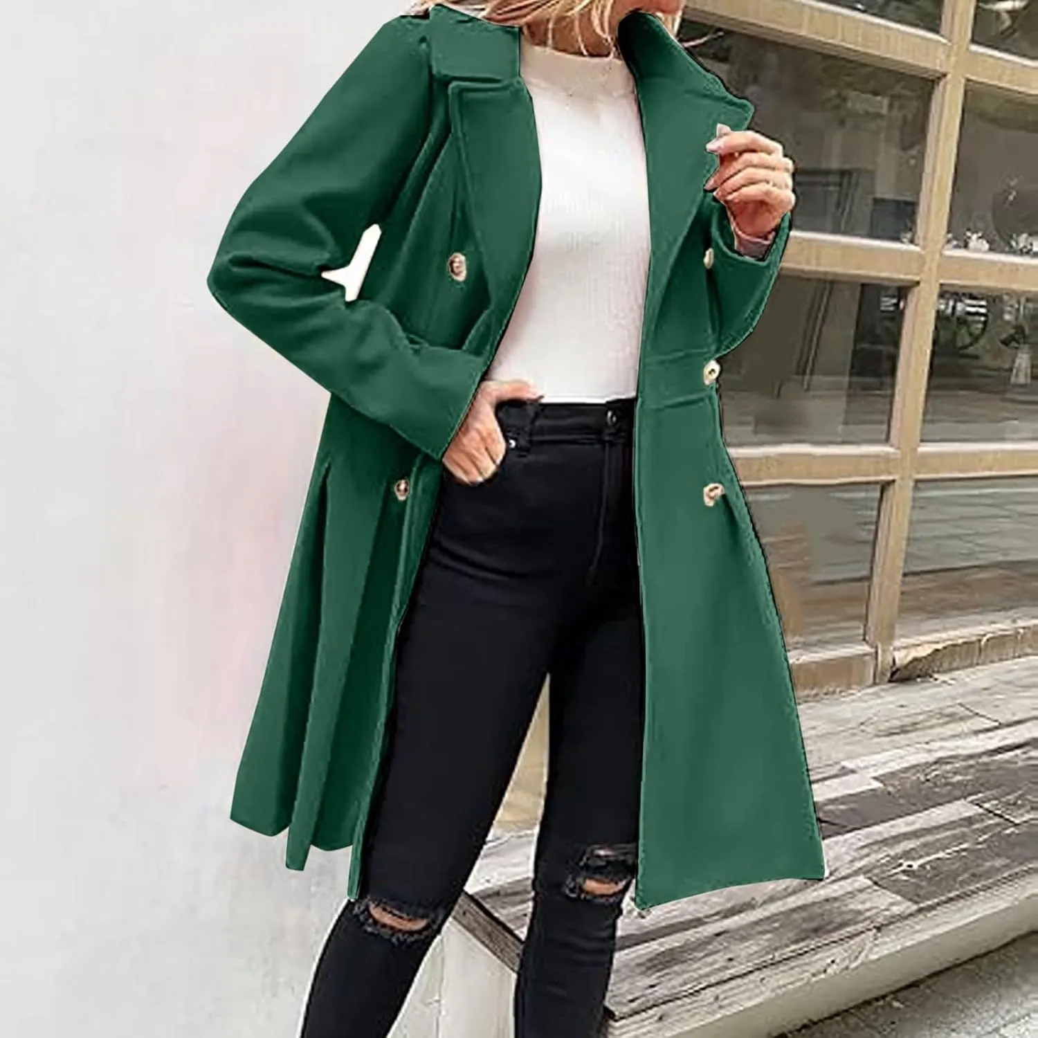 Women's Double Breasted Trench Coat Wool Blend Notch Lapel Pea Coat Elegant Long Jacket Overcoat