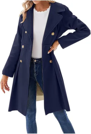 Women's Double Breasted Trench Coat Wool Blend Notch Lapel Pea Coat Elegant Long Jacket Overcoat