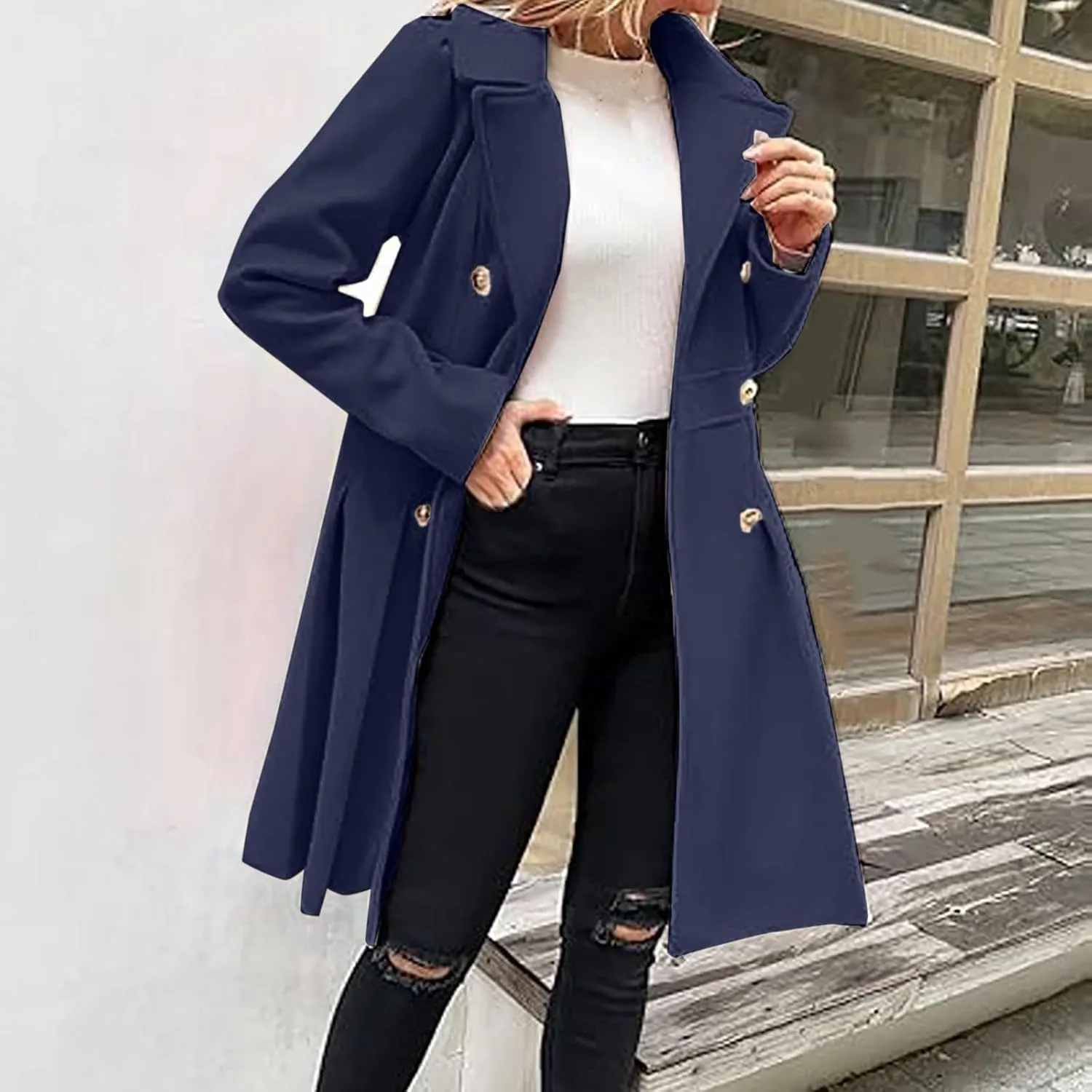Women's Double Breasted Trench Coat Wool Blend Notch Lapel Pea Coat Elegant Long Jacket Overcoat