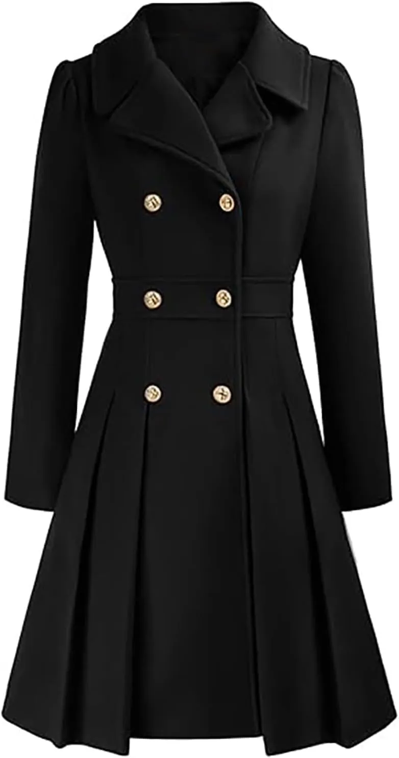 Women's Double Breasted Trench Coat Wool Blend Notch Lapel Pea Coat Elegant Long Jacket Overcoat