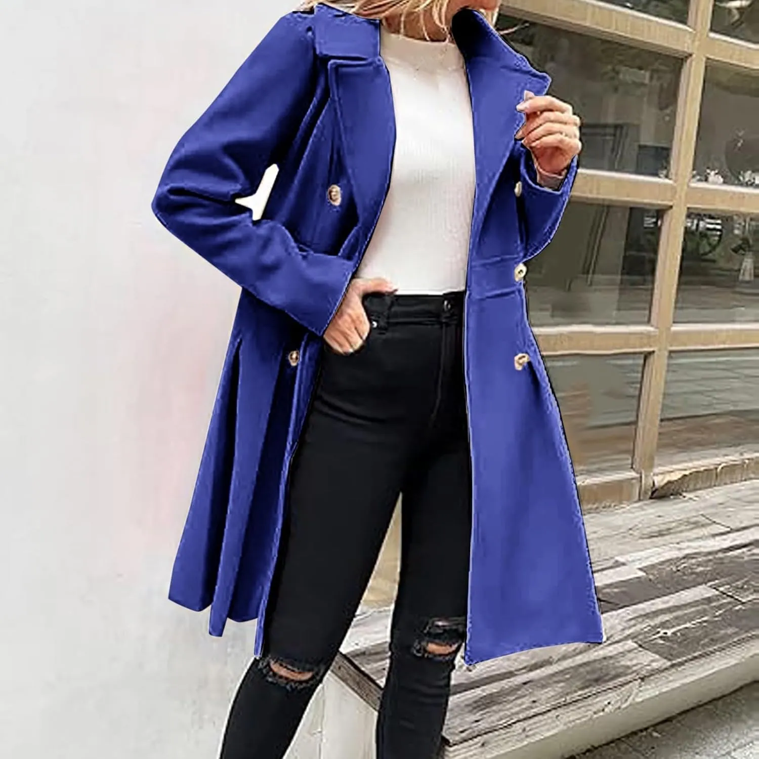 Women's Double Breasted Trench Coat Wool Blend Notch Lapel Pea Coat Elegant Long Jacket Overcoat