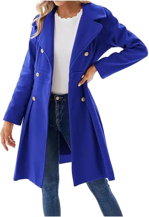 Women's Double Breasted Trench Coat Wool Blend Notch Lapel Pea Coat Elegant Long Jacket Overcoat
