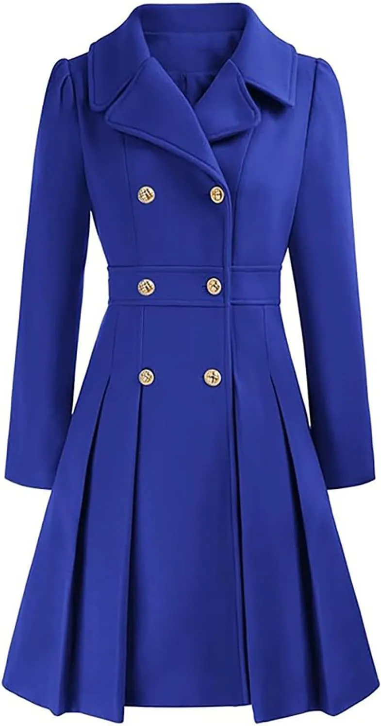 Women's Double Breasted Trench Coat Wool Blend Notch Lapel Pea Coat Elegant Long Jacket Overcoat